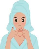 Portrait a woman with towel on her hand popping pimples acne skin illustration vector