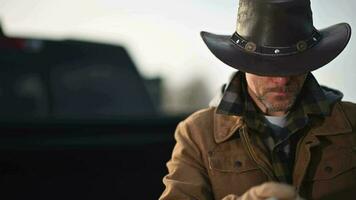 Cowboy Smoking Cigarette Next to His Pickup Truck video