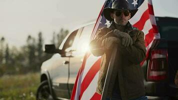 American Patiot Cowboy Farmer Staying  in Front of His Pickup Truck video