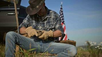 Cowboy Enjoying Free Time on His Farmland and Drinking Freshly Brewed Coffee video