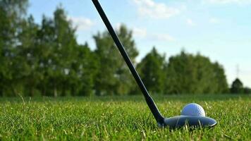 Holz Verein Schlagen ein Ball während Golf Turnier. schleppend Bewegung Aufnahmen video