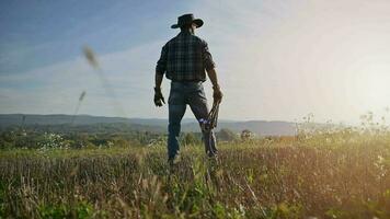 americano cowboy sorvegliare il suo campagna terreni agricoli video