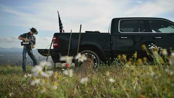 American Cowboy Drinking Coffee Next to His Truck video