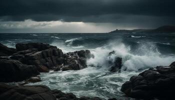 Rough waves crash against rocky coastline, beauty in nature danger generated by AI photo