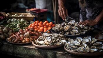 Fresh seafood plate with grilled crustacean, mussel, and tomato appetizer generated by AI photo