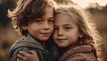 Two cheerful Caucasian siblings embracing in nature, smiling toothy smiles generated by AI photo