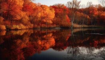 Autumn forest reflects vibrant multi colored beauty in tranquil water scene generated by AI photo