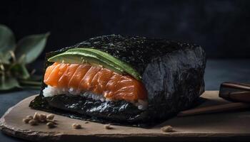 Fresco Mariscos filete en un plato con nori y arroz generado por ai foto