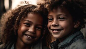 Multi ethnic siblings embrace outdoors, radiating carefree joy and love generated by AI photo