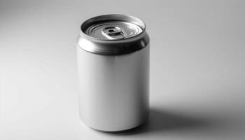 Shiny metal canister holds cold soda, perfect refreshment on hot day generated by AI photo