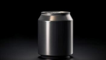 Shiny metallic drink can with refreshing cola and wet reflection generated by AI photo