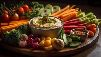 Fresh vegetable salad on wooden plate, healthy gourmet meal indoors generated by AI photo