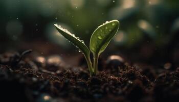 Fresh green sapling grows in wet dirt, new life begins generated by AI photo