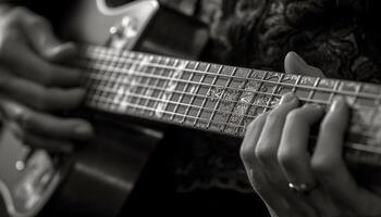 caucásico guitarrista jugando acústico guitarra, punteo instrumentos de cuerda con humano dedos generado por ai foto