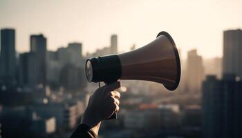 Businessman shouting success message through megaphone in urban skyline sunset generated by AI photo