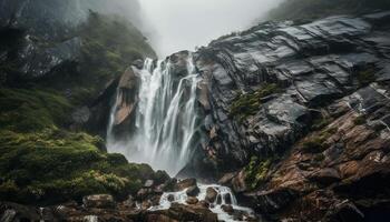 Tranquil scene of flowing water in majestic mountain landscape generated by AI photo