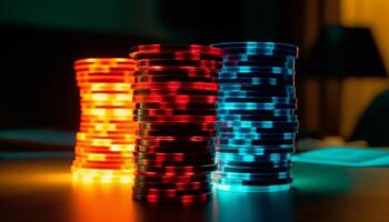 Multi colored chips stack high on casino table, sign of success generated by AI photo