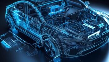 Futuristic sports car blueprint modern design, alternative energy, glowing blue generated by AI photo