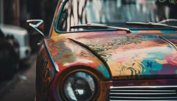 Vintage car driving through Cuban city, rusty wheel and elegance generated by AI photo