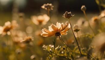 Yellow daisy blossoms in a vibrant meadow at sunset generated by AI photo