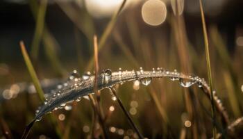 Fresh dew drops on green grass, nature beauty up close generated by AI photo