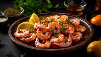 Grilled tiger prawn skewer with fresh organic vegetable appetizer generated by AI photo