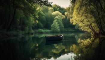 Tranquil scene of reflection on water in idyllic forest generated by AI photo