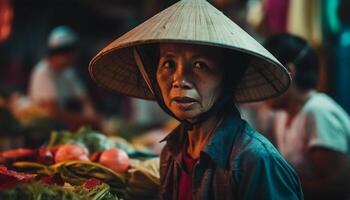 Colorful street market vendors selling fruit and vegetables at night generated by AI photo