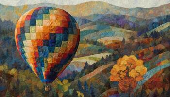 Vibrant hot air balloon soars over mountain range in autumn generated by AI photo