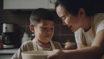 Two boys and a girl bonding, making dough for cookies generated by AI photo