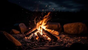 Glowing campfire igniting wood, creating inferno in nature beauty generated by AI photo