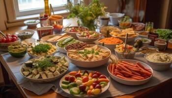 sano gastrónomo almuerzo buffet con orgánico carne y multi de colores vegetales generado por ai foto