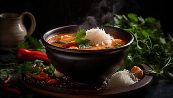 sano vegetariano sopa con Fresco vegetales y hierbas en madera mesa generado por ai foto