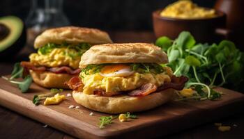 Grilled gourmet burger on ciabatta with fresh vegetables and avocado generated by AI photo