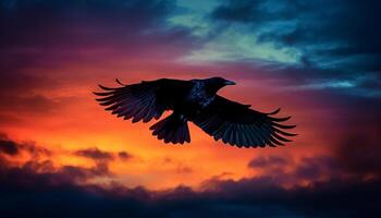 Majestic hawk spreads wings in multi colored twilight sky generated by AI photo