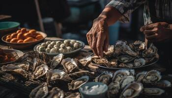 One man holding a plate of fresh seafood appetizers indoors generated by AI photo