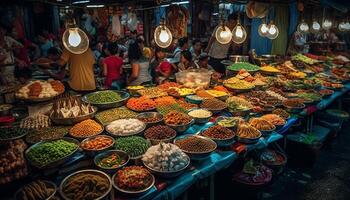 Colorful street market offers fresh food and cultural variety for tourists generated by AI photo