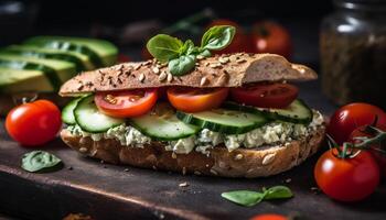 Healthy vegetarian ciabatta sandwich with fresh organic tomato and cucumber generated by AI photo