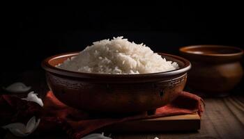 Fresh organic basmati rice steamed in a rustic wooden bowl generated by AI photo