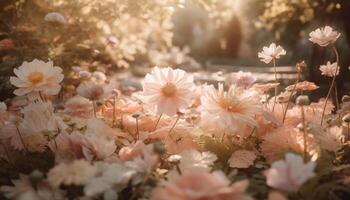 Vibrant wildflower bouquet in meadow, focus on foreground, defocused background generated by AI photo