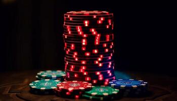 Stacked gambling chips on green felt table signify casino success generated by AI photo