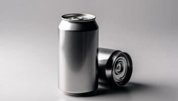 Shiny metallic canister, studio shot, contains refreshing cola drink generated by AI photo