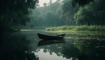 Tranquil scene of rowboat on wet pond in autumn forest generated by AI photo