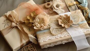 Wrapped gift box with silk flower bouquet, elegance and creativity generated by AI photo