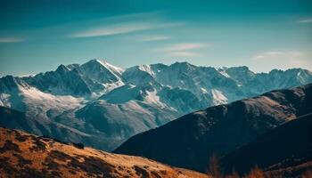 Majestic mountain range, panoramic view, extreme terrain, adventure awaits generated by AI photo