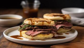 Grilled pork sandwich with bacon, tomato, and melted butter generated by AI photo