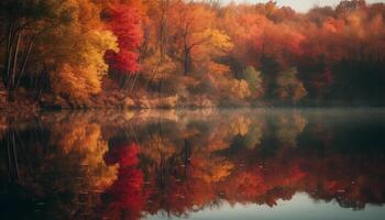 Vibrant autumn colors reflect on tranquil pond in rural forest generated by AI photo