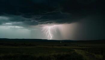 Electricity sparks in dramatic sky, danger of thunderstorm at night generated by AI photo