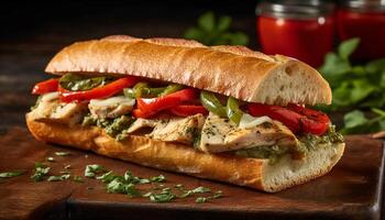 Grilled beef sandwich on ciabatta with fresh vegetables and tomato generated by AI photo