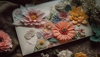 Rustic flower arrangement on wooden table, a celebration of nature generated by AI photo
